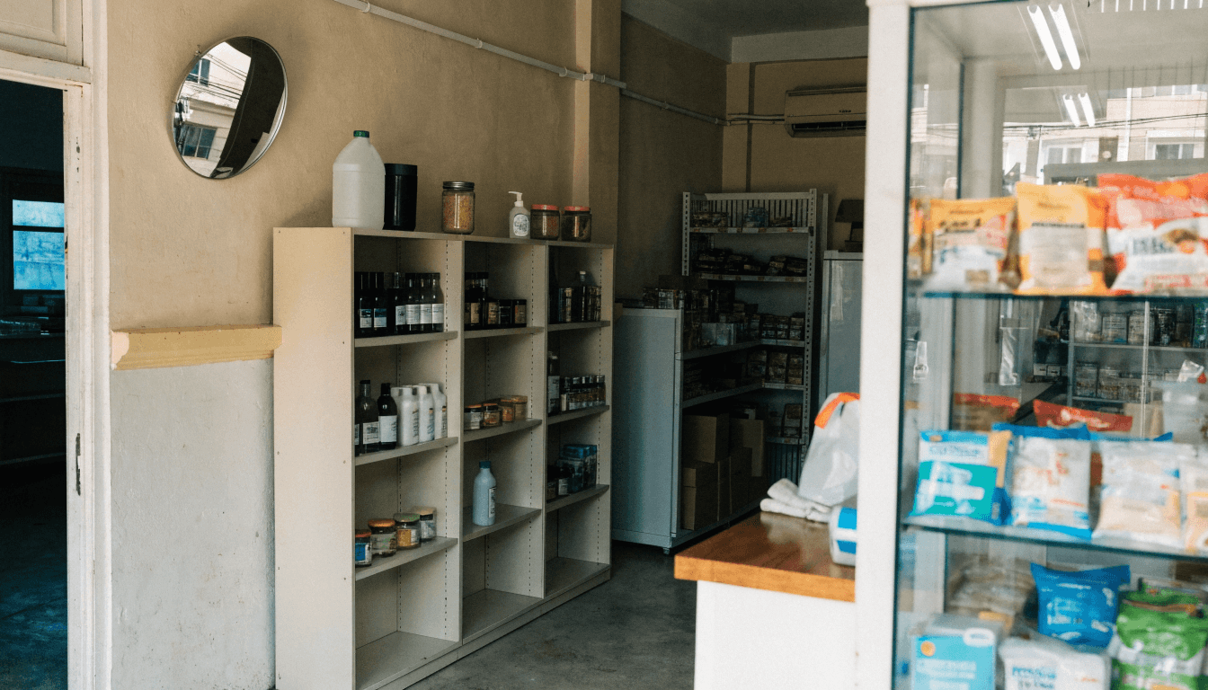 ร้านค้าที่จัดเรียงเป็นระเบียบพร้อมกระจกมุมร้าน